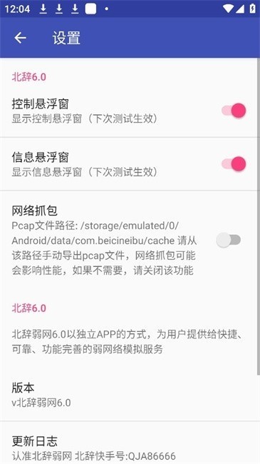 北辞弱网设置页：悬浮窗与抓包开关